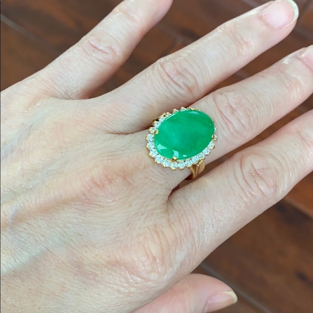 14k Real Yellow Gold Oval Green Jade Women Ring
